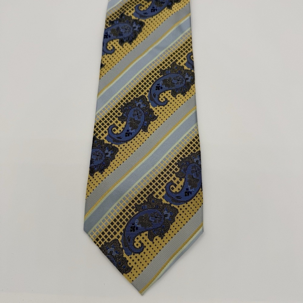 Riccardi Silk Necktie Blue Gold Paisley Stripe Classic Wide Designer Italy 59x4